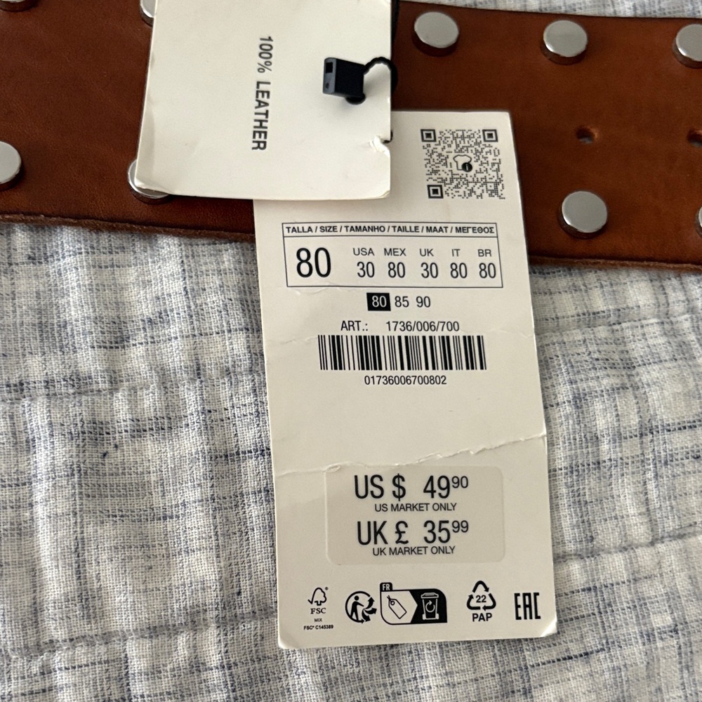 Zara Brown Leather Studded Belt NWT - Picture 3 of 3